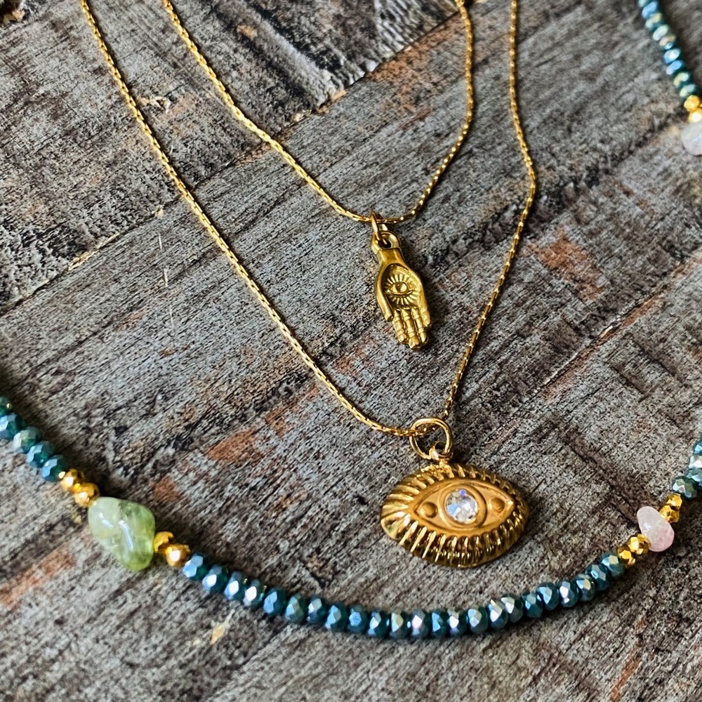 NEW Gold Hamsa & Evil Eye Layered Green Semiprecious Stone Necklace Set
